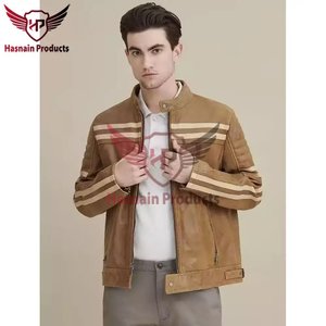 <b>Mens</b> Real Tan Leather <b>Jacket</b> Stand Collar White Racing Stripe Sheepskin Biker Coat Distressed Custom Vintage Winter Outerwear - Product Image 3