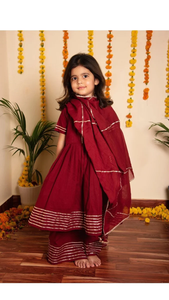 Bachpan Modern Girls, Mezcla de Algodón Sólido Color Marrón Óxido |   Conjunto Anarkali con Kurta, Pantalón y Dupatta con Bordado Gotta Jaal, Ropa Festiva para Diwali - Product Image 3