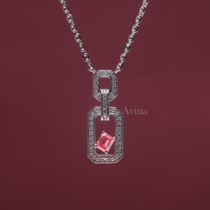 IGI Certified Lab Grown Diamond Emerald Cut Pink <b>Ruby</b> Open Link Pendant <b>Necklace</b> in 18K White Gold Geometric Designer <b>Necklace</b> - Product Image 2