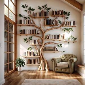 Solid Teak Wood <b>Tree</b>-Shaped Modern Wall-Mounted Corner <b>Bookshelf</b> with 6 Shelves for School and Living Room - Product Image 3