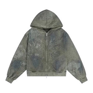 Sweat à capuche surdimensionné pour hommes, délavé à l'acide, Streetwear, sweat-shirt zippé personnalisé avec col à capuche zippé en strass, techniques comprenant des appliques - Product Image 3