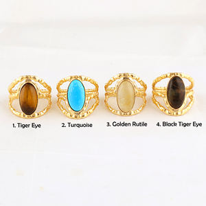 Nouvelle arrivée, bague ajustable en pierre naturelle œil de tigre ovale, laiton massif plaqué or 18 carats, texture de designer, anneaux à trois couches - Product Image 2