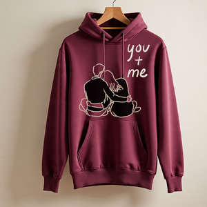 You + Me Couple <b>Hoodie</b> Unisex Maroon Cotton French Terry Printed Design Casual Autumn Wear Front Logo Pocket Style - Product Image 1