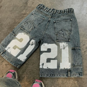 Pantalones cortos de mezclilla de retazos con logotipo estampado personalizado de alta calidad para hombre, ropa de calle de pierna acampanada con borde crudo Vintage lavado desgastado - Product Image 6