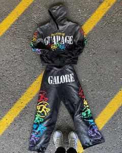 OEM Ensemble de survêtements d'hiver pour hommes en coton imprimé personnalisé Sweat à capuche écologique à bord brut pour pantalon à imprimé bouffant Jogging évasé deux pièces - Product Image 4