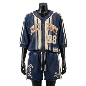 Ensemble Short de Baseball Premium pour Femme en Maille Respirante Polyester GSM, Short en Jersey Bleu Marine avec Panneaux Crème, Logo Brodé, Ensembles pour Femme - Product Image 1