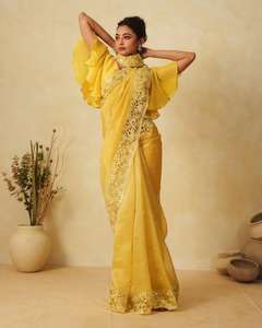 Indian Impresionante Look Yellow Designer Sari étnico Último Tradicional Exclusivo Fancy Party Bridal Wear Trend Setter Saree mujeres - Product Image 3