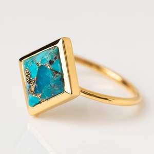 Anillo de Plata de Ley 925 Chapado en Oro de 14K con Engaste de Bisel y Piedra Preciosa de Turquesa Genuina, Estilo Clásico para Bodas o Fiestas - Product Image 1