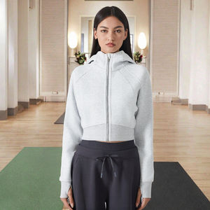 Sweat-shirt de sport en polaire pour femme, col zippé, coupe courte et ajustée, doublé pour l'automne, avec trous pour les pouces, respirant - Product Image 3