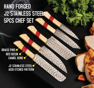 ชุดมีดสำหรับเชฟที่มีมือจับไม้5ชิ้นทำด้วยมือทำจากเหล็กกล้าคาร์บอน - Product Image 4