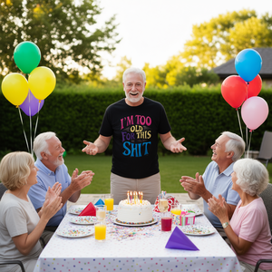 Maglietta divertente per il compleanno degli anziani 'Sono troppo vecchio per questa merda' per promozioni - Product Image 3
