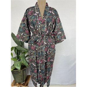 Bata de Casa Boho de Algodón Puro, Vestido de Verano Estampado a Mano Indio, Estampado de Mariposas Negras de Medianoche, Pareo de Playa, Traje de Baño Cómodo - Product Image 1
