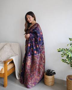 Colección de tendencia de diseño de Sari de seda pura con trabajo de tejido de hilo Zari puro de varios colores para ropa de boda de mujer - Product Image 3