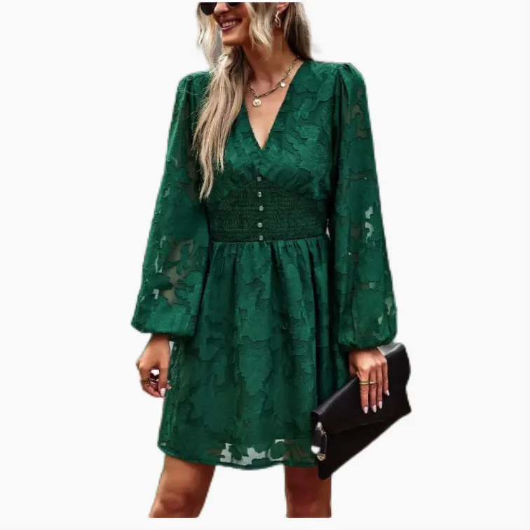 महिला 2023 आकस्मिक कपड़े वसंत गर्मियों में हरे रंग के लिए हरे रंग की पोशाक सेक्सी वी गर्दन लालटेन लंबी पार्टी महिला सनड्रेस