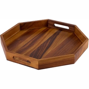 Plateau de service octogonal en bois massif durable |   Plateau en bois d'acacia naturel de qualité alimentaire avec poignées découpées Hôtellerie et restauration - Product Image 1