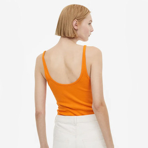 Vente chaude haute rue mode femmes Orange couleur 100% coton encolure dégagée sans manches ajusté haut d'été à vendre - Product Image 5
