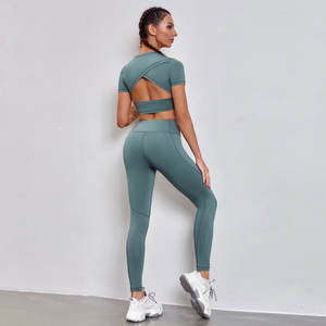 Conjunto de Yoga de alta calidad hecho a medida para mujer, ropa activa, sin costuras, transpirable, patrón sólido, cintura elástica, posicionamiento frontal del logotipo - Product Image 4
