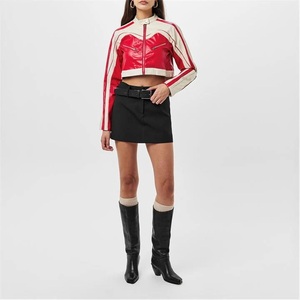 Vintage Women's Zip-Up Cropped Moto PU Faux Leather Jacket with Red Racing Badge <b>Block</b> Solid Style Motorbike Leather Moto Jacket - Product Image 6