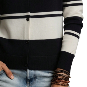 Women Striped Knit <b>Cardigan</b> <b>Sweater</b> Long Sleeve Button Front Round Neck Casual Fashion Top For Daily Office And Elegant Wear - Product Image 6