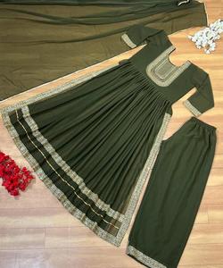 Ropa festiva pesada-Vestido indio Georgette de seda de rayón de lino y algodón con bordado de Chinon y Dupatta ligero - Product Image 4