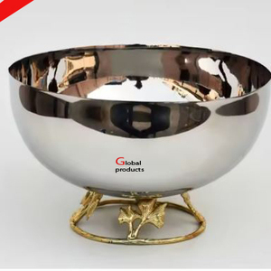 Bol de service en acier inoxydable en métal fini argent de haute qualité avec motif de fleurs dorées pour restaurant et bar d'hôtel - Product Image 2