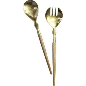 Antique inspired brass salad server utensils with <b>engraved</b> floral detailing perfect for Indian festive celebrations - Product Image 6