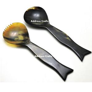 Ensemble de service à salade en corne naturelle avec fourchette et cuillère-Ustensiles de cuisine écologiques pour servir la salade - Product Image 4