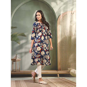 Kurta Recta de Algodón con Estampado Floral Azul para Mujer, Cuello Redondo, Largo hasta la Pantorrilla, Primavera/Verano, Top de Popelina XL, Estilo Coreano con Patrón a Cuadros - Product Image 1