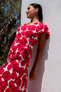 ชุดเดรสสตรีทแวร์ทรงหลวมหรูหราฤดูร้อนผ้าคอตตอน100% เอวพิมพ์ลายแขนยาวสีชมพู - Product Image 3