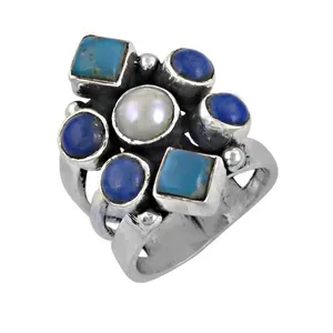 925 Sterling Silver Statement <b>Ring</b> for Women Turquoise and Zircon with Radiant Cut Rhodium Plated Gemstone Inlay Technology - Product Image 3
