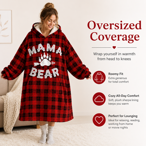 Couverture à capuche portable en flanelle ultra douce, à carreaux rouge et noir Buffalo MAMA BEAR, avec doublure épaisse en sherpa et isolation thermique élevée - Product Image 2