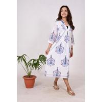 Robe tunique ethnique indienne 100% coton pour femme, imprimé à la main, écologique, maxi, décontractée, bohème, col en V, manches longues, pour soirée