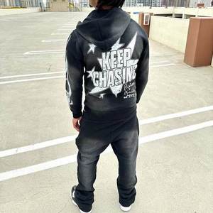 Ensemble de survêtement en coton 100% lourd, délavé au soleil d'hiver, fabriqué sur mesure, impression en relief, pantalon de survêtement évasé, sweat-shirt - Product Image 5