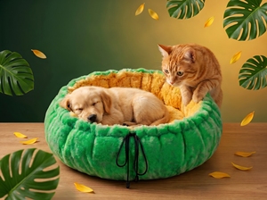 Cama Redonda Premium para Gatos Amistar ForestGold XL – Peluche Sintético Verde Brillante e Interior Dorado Cálido, 102 cm - Product Image 4