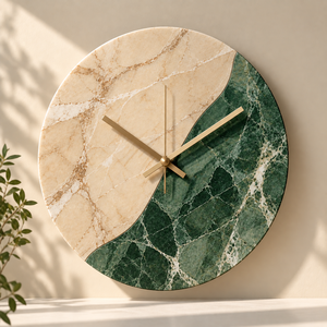 Large <b>Art</b> <b>Deco</b> Quartz Wall <b>Clock</b> Beige & Green Marble Design for Living Room Decor - Product Image 1