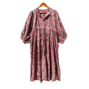 Vestido Midi de Gasa de Algodón para Mujer, Cuello Profundo, Estampado Floral Hecho a Mano, Mercado Mayorista al Mejor Precio - Product Image 1