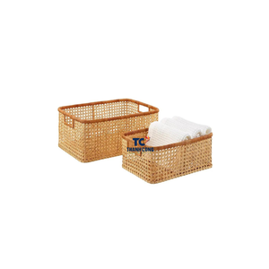Hot Selling Natural Acacia <b>Wood</b> and Rattan Cane <b>Baskets</b> Minimalist Rectangle Kitchen Storage <b>Basket</b> for Organization -RB07 - Product Image 6