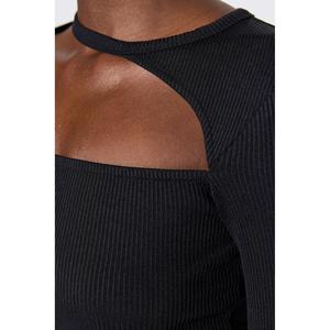 Haut court à manches longues avec bordure à volants pour femmes, logo floral brodé, taille XL, en soie et mousseline de soie, tricoté, décontracté, coréen, uni, teint - Product Image 5