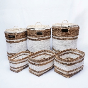 Natural Banana Bark Recycled <b>Plastic</b> <b>Basket</b> Set White Stripe Laundry Hamper With Lid Organizer Bin Setup Pure Art Room Decor Art - Product Image 1