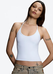 Collar de hilo fino azul bebé, Top sin espalda de manga corta, Top sin espalda de color sólido teñido con Top corto de color leche de frijol - Product Image 3