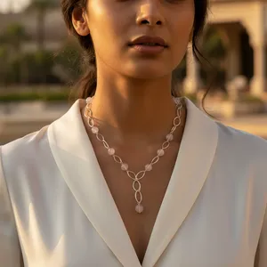 Collier en argent 925 avec perles de quartz rose, diamant et perle plaqué or pour femmes - Bijoux de mariage religieux tendance, cadeau - Product Image 2