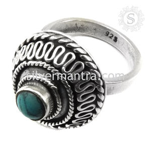 Turquoise tibétaine naturelle 925 argent Sterling oxydé forme ronde bague aspect artisan bohème bijoux faits à la main fabricant en vrac - Product Image 2