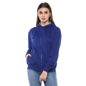 2024 High quality custom casual plain zipper hoodie women comfy fleece zipper up women hoodies in all custom colors blue dyed