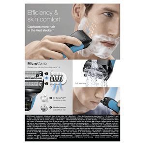 Afeitadora Eléctrica para Hombre, Cabezal de Precisión, Inalámbrica, Uso en Seco/Húmedo, Enchufe de 2 Pines para Baño, Triple Cuchilla, IPX7, Repuesto, Negro/Azul - Product Image 4