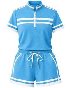 <b>Women</b> Sky Blue Quarter Zip <b>Polo</b> <b>Shirt</b> And Drawstring Shorts Two Piece Tracksuit Athletic Sportswear Set For <b>Women</b> Gym WearFit - Product Image 1