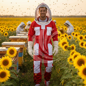 Combinaisons d'apiculture unisexes, combinaison d'apiculture ventilée intégrale avec poches en coton rouge et blanc, combinaison d'apiculteur autoportante en vente - Product Image 2