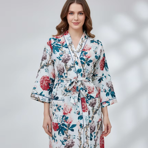 Peignoir de nuit en coton 100% double couche, nouveau style, coupe ample, col en V, manches longues, printemps, été, automne - Product Image 1