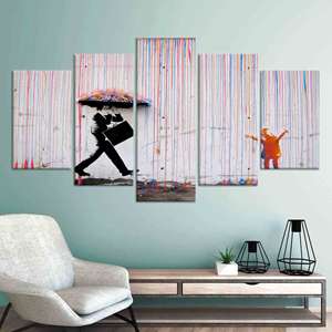 Vibrant Banksy Graffiti Canvas Print: Colorful <b>Rain</b>, Kids Umbrella, Street Art,SET OF 5 MIX CANVAS - Product Image 1