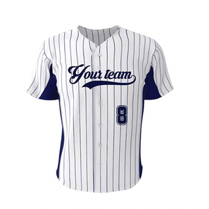 Maillot de baseball personnalisé blanc et bleu marine à rayures, imprimé par sublimation, respirant, manches courtes, unisexe, adulte, coupe classique, boutons sur le devant - Product Image 1