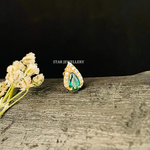 14K Solid Gold Pear Shape <b>Halo</b> Piercing with Green Emerald Fine Jewelry. - Product Image 4